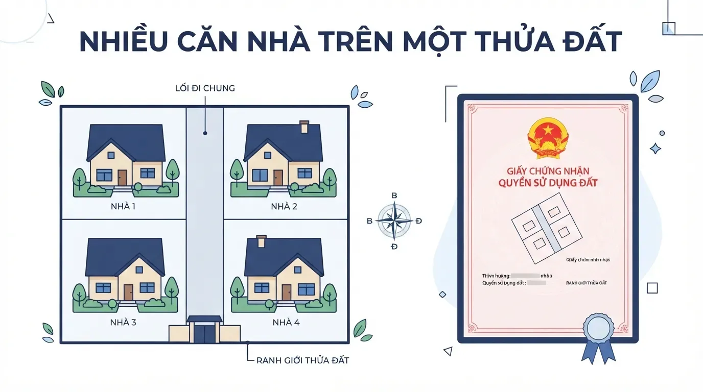 Sổ chung chung thửa thường xuất hiện khi nhiều căn nhà cùng nằm trên một thửa đất chưa tách riêng. Sơ đồ nhiều căn nhà trên cùng một thửa đất sổ chung.