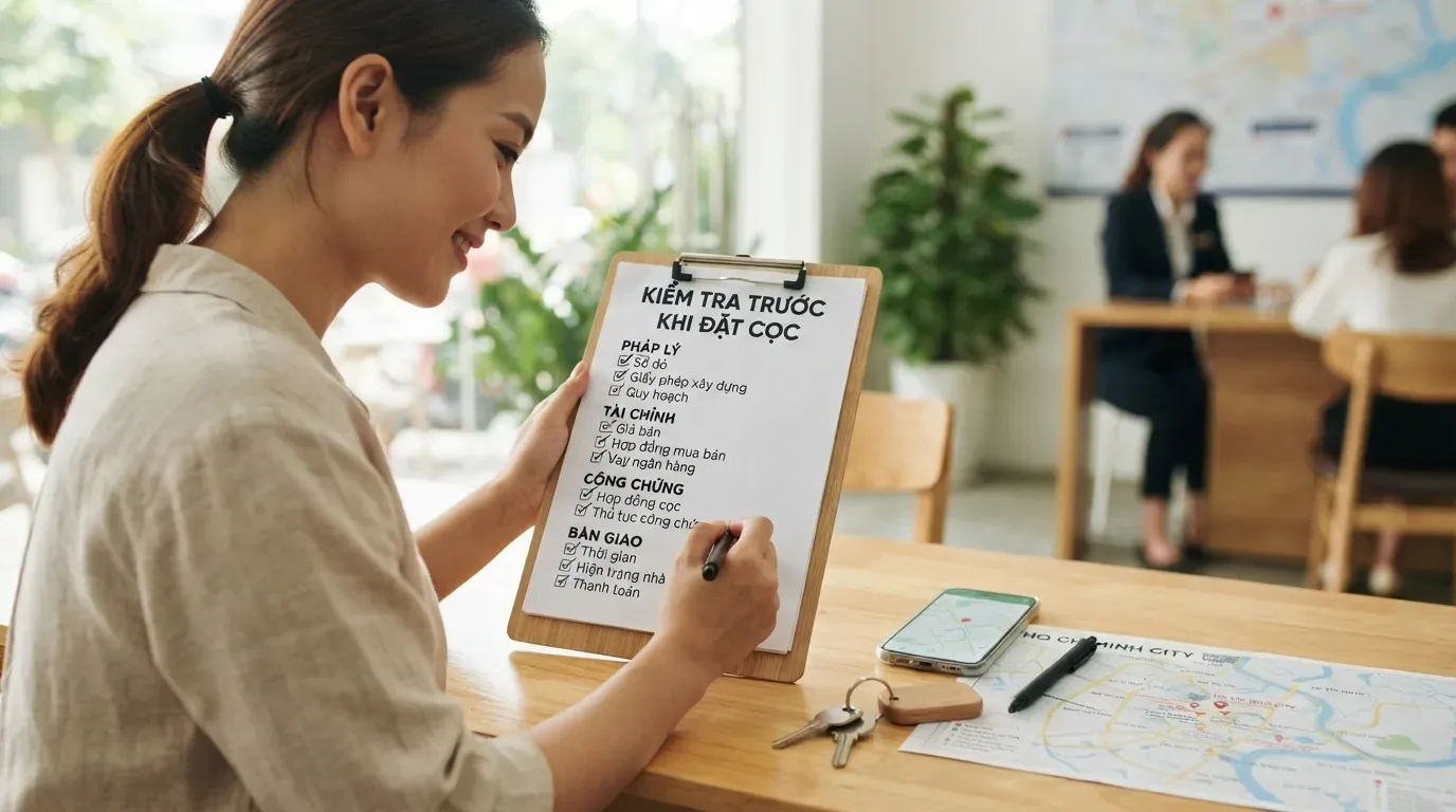 Trước khi ký giấy cọc, người mua nên rà soát lại pháp lý, tiền cọc và điều kiện hoàn cọc. Checklist trước khi ký giấy đặt cọc mua nhà.