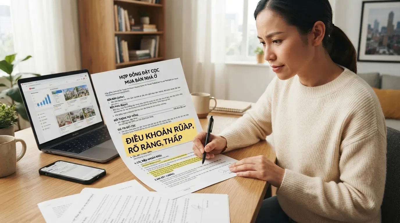 Hợp đồng đặt cọc nên ghi rõ điều kiện hoàn cọc, phạt cọc và trách nhiệm tách sổ/sang tên. Hợp đồng đặt cọc mua nhà sổ chung an toàn