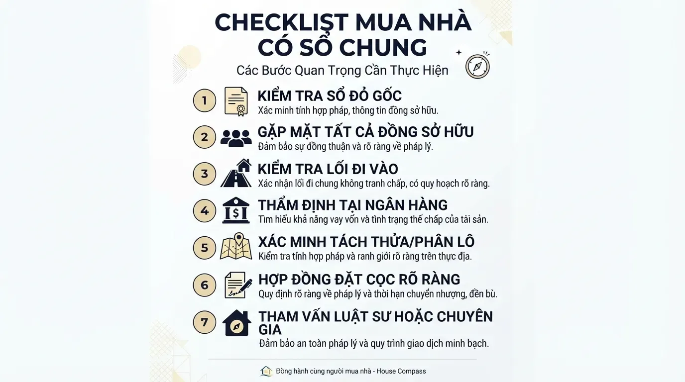 Hãy kiểm tra từng mục quan trọng trước khi quyết định đặt cọc. Checklist mua nhà sổ chung an toàn cho người mua.
