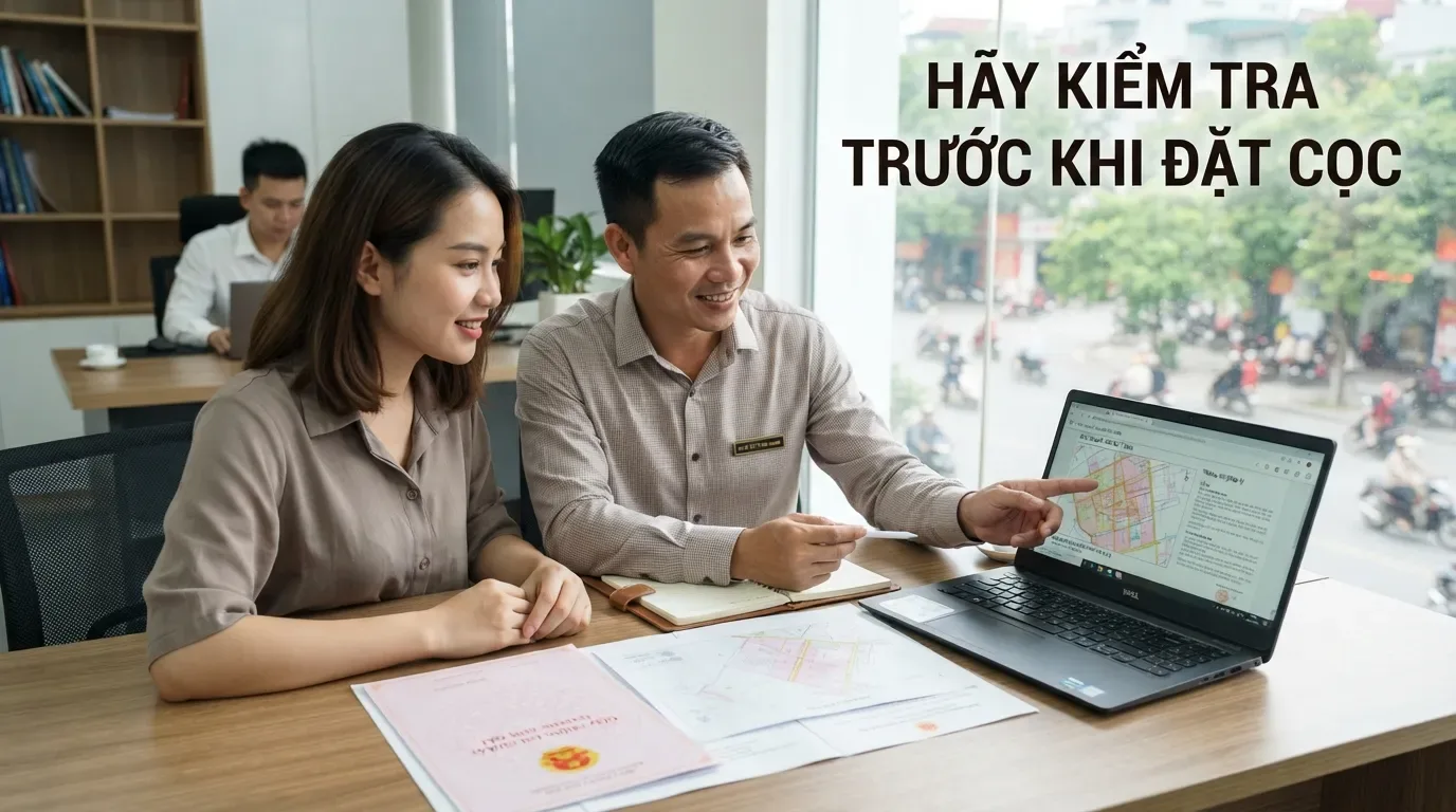 Đừng giao tiền lớn khi chưa kiểm tra sổ, quy hoạch và quyền bán. Kiểm tra giấy tờ pháp lý trước khi mua nhà.