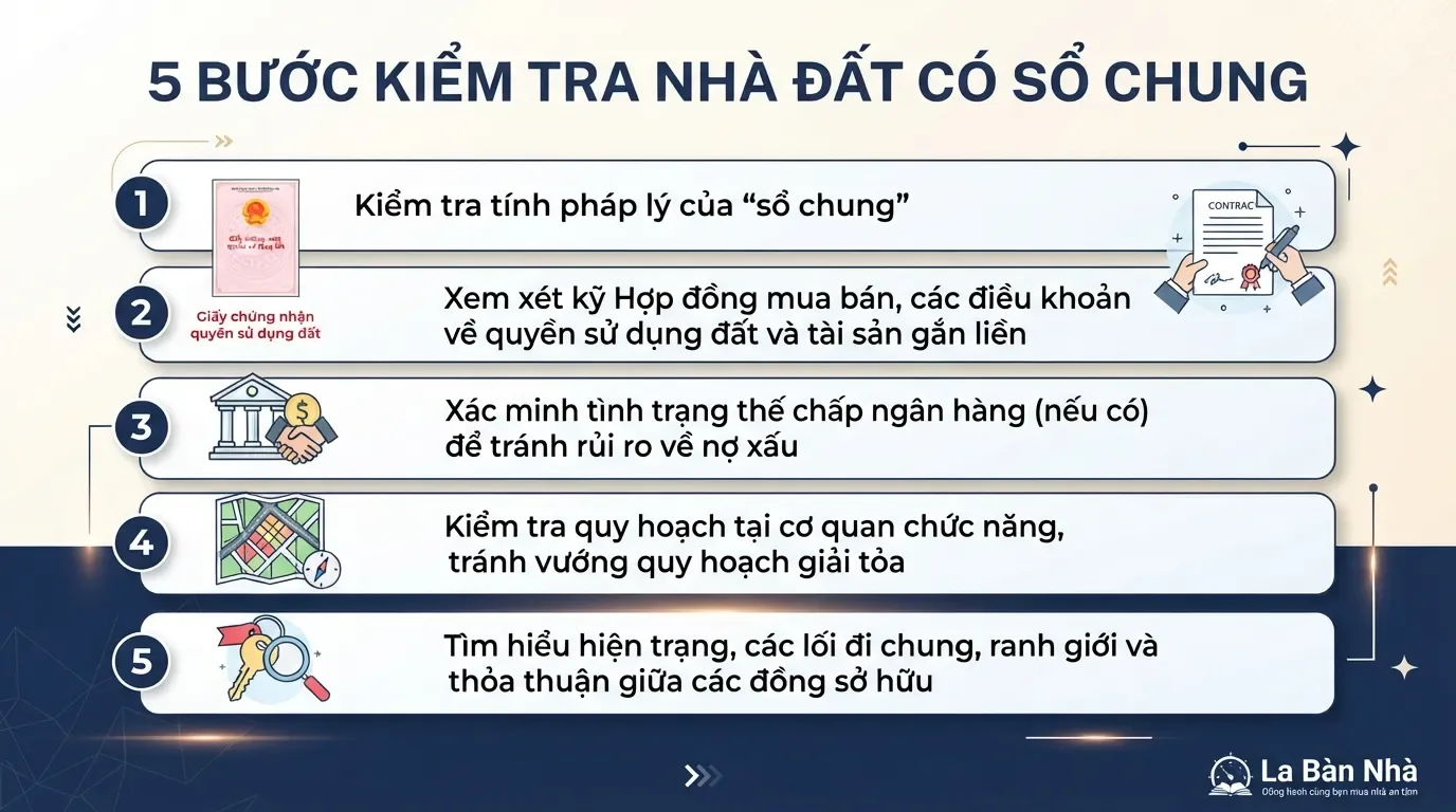 Một checklist ngắn có thể giúp người mua tránh nhiều rủi ro trước khi đặt cọc. Checklist kiểm tra nhà sổ chung trước khi mua