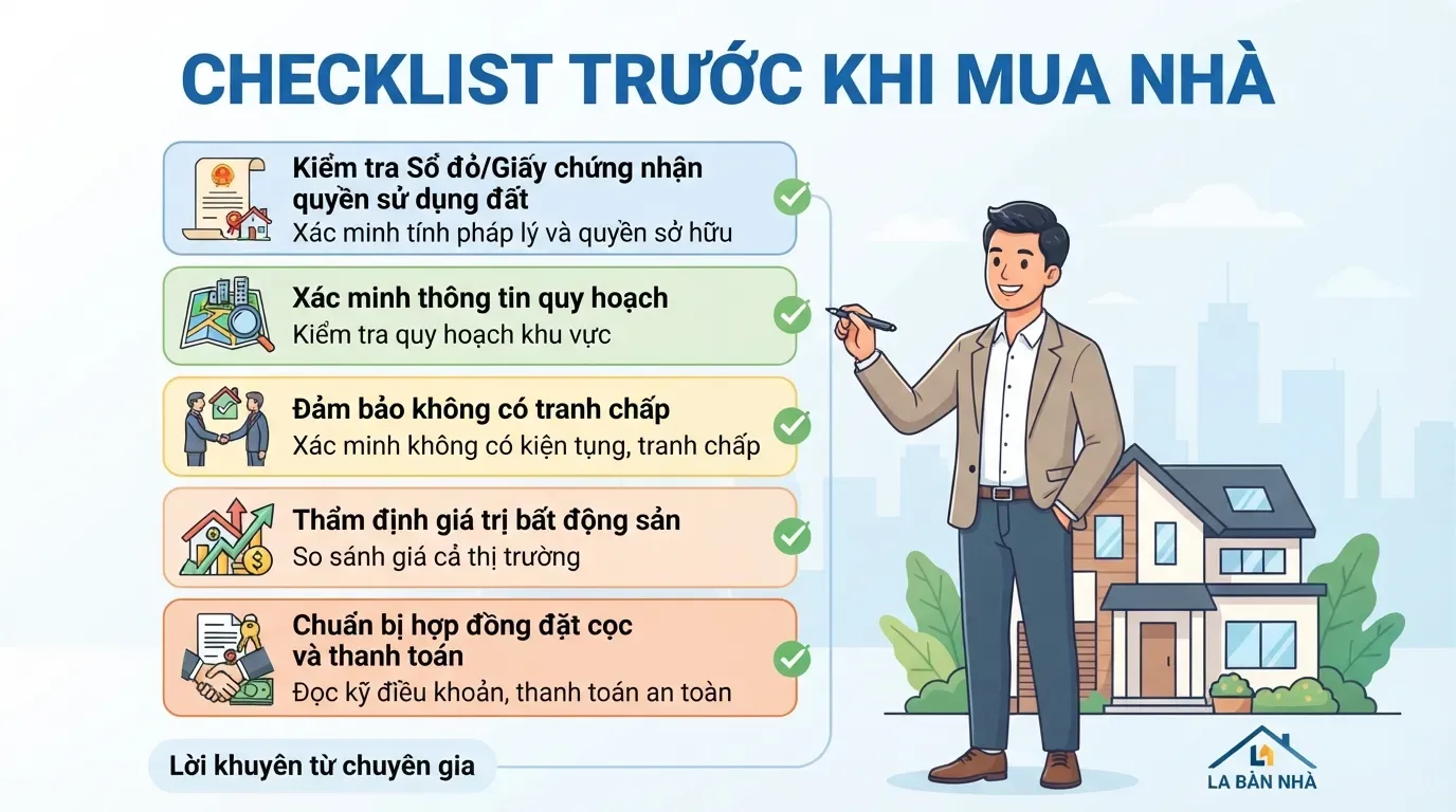 Một checklist rõ ràng giúp người mua giảm rủi ro trước khi chuyển tiền cọc. Checklist trước khi đặt cọc mua nhà