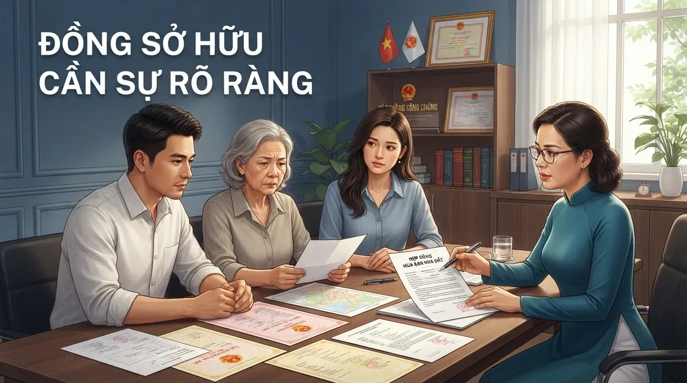 Với nhà sổ chung, người mua cần xác định đầy đủ ai có quyền ký và ai phải đồng ý bán. Đồng sở hữu nhà sổ chung khi công chứng mua bán
