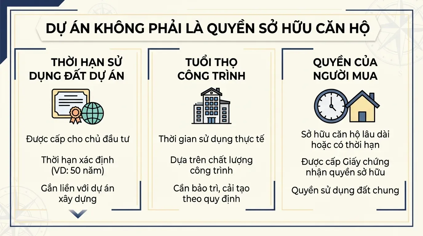Ba khái niệm này thường bị nhầm lẫn khi người mua nghe đến chung cư 50 năm. Phân biệt thời hạn đất dự án và quyền sở hữu chung cư.