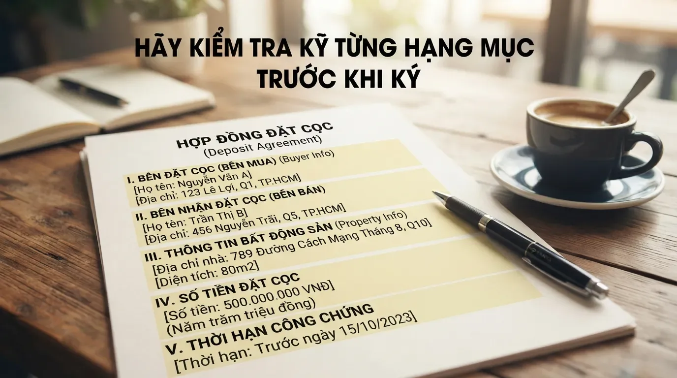 Mẫu giấy cọc nên ghi rõ thông tin các bên, tài sản, tiền cọc và thời hạn công chứng. Cách viết giấy đặt cọc mua nhà từng phần.