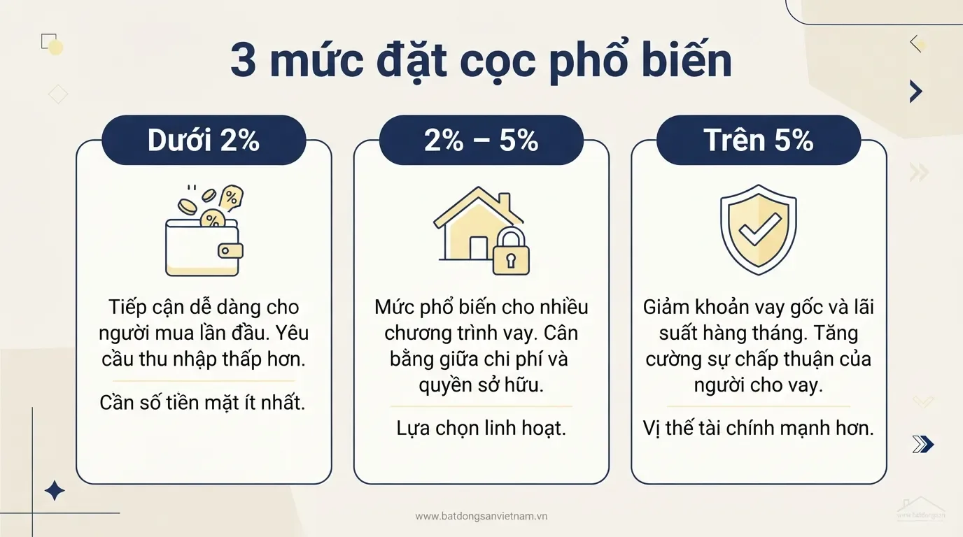 Mỗi mức cọc có ưu và nhược điểm riêng, không nên áp dụng máy móc. Tỷ lệ đặt cọc mua nhà phổ biến