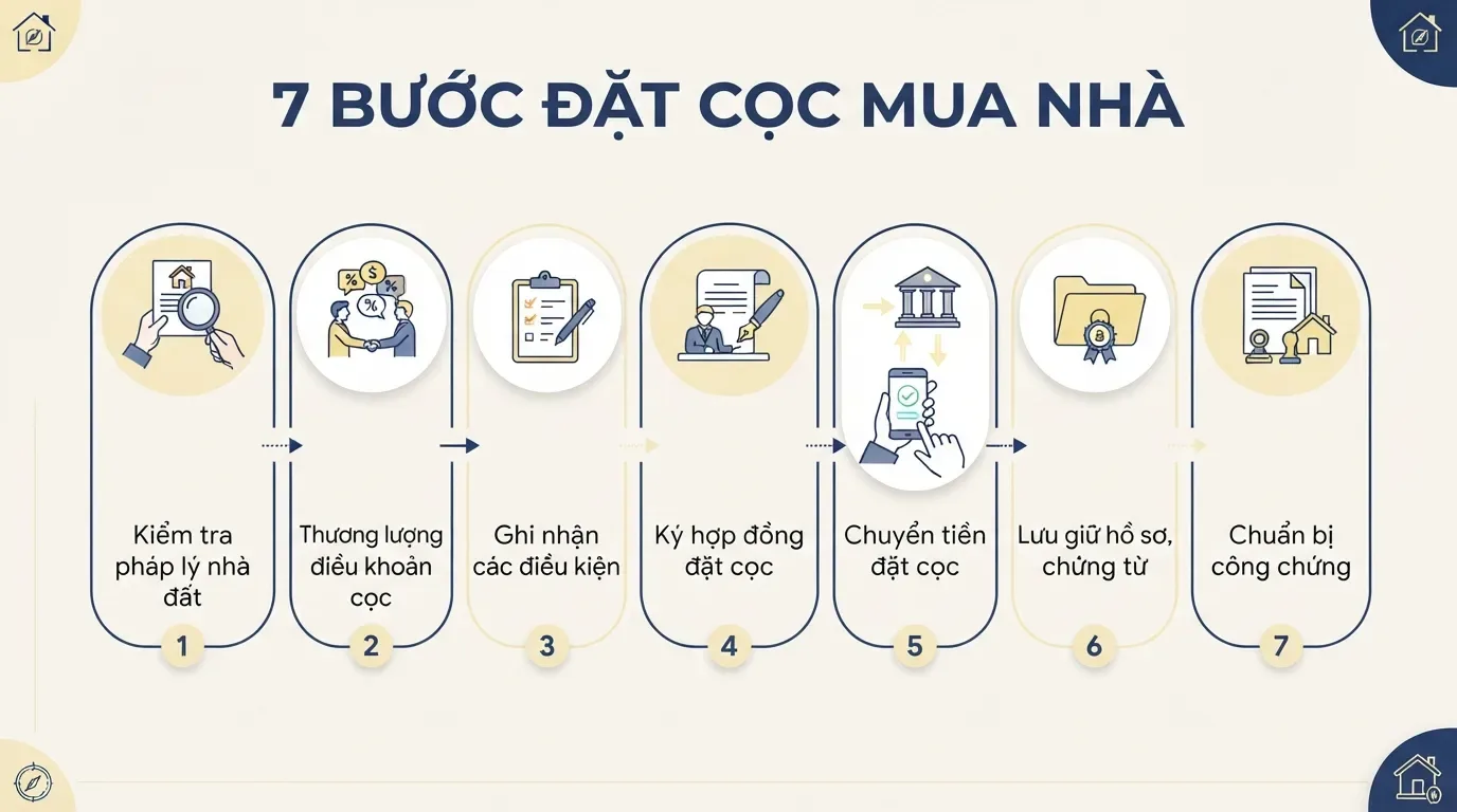 Quy trình rõ ràng giúp người mua giảm rủi ro và chủ động hơn trước ngày công chứng. Quy trình đặt cọc mua nhà an toàn gồm 7 bước.