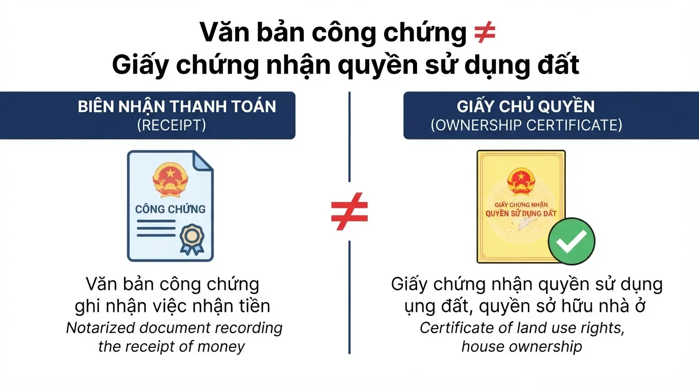 Vi bằng chỉ ghi nhận sự kiện, không thay thế giấy chứng nhận nhà đất. Phân biệt vi bằng và sổ hồng khi mua nhà.