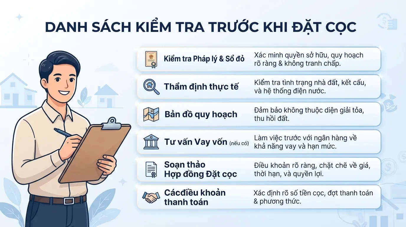 Kiểm tra kỹ trước khi đặt cọc giúp người mua tránh nhiều rủi ro không đáng có. Checklist kiểm tra pháp lý trước khi mua nhà sổ chung