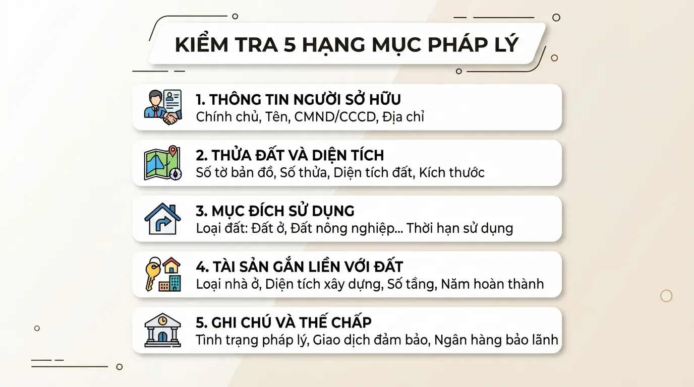 Một Giấy chứng nhận cần được đọc theo từng mục, không nên chỉ nhìn màu bìa. Infographic các mục cần kiểm tra trên sổ hồng nhà đất