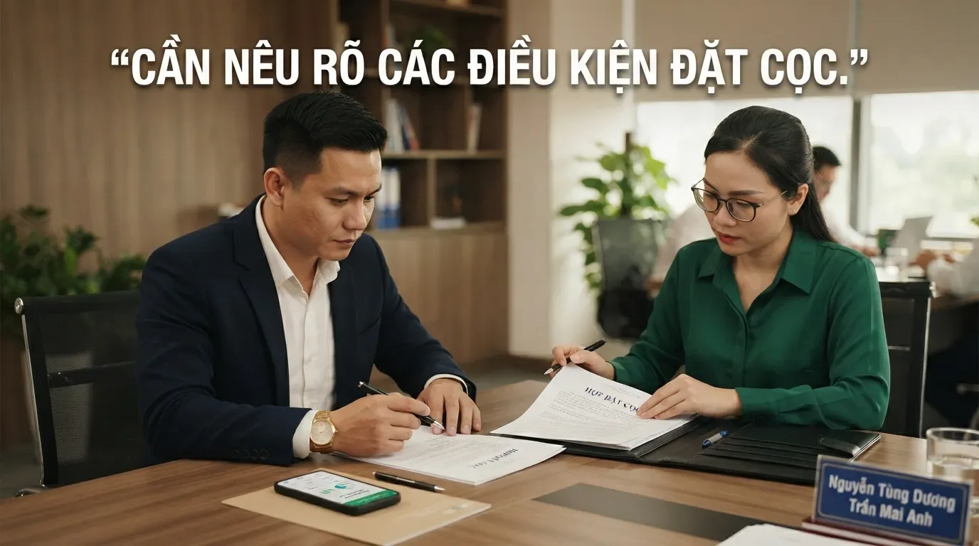 Điều kiện hoàn cọc, mất cọc và thời hạn công chứng nên được ghi rõ trong văn bản. Ký giấy đặt cọc mua nhà với nội dung rõ ràng.