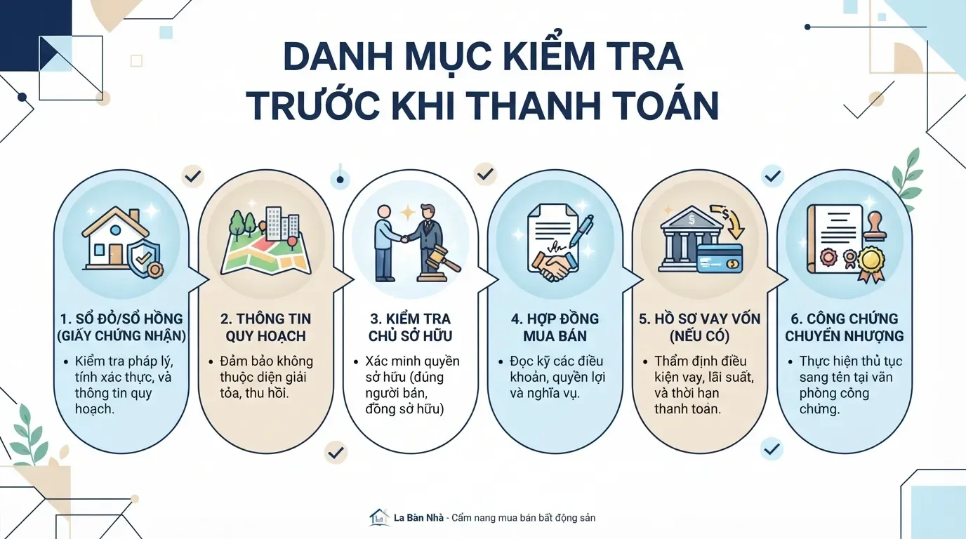 Một checklist ngắn giúp người mua tránh bỏ sót các bước quan trọng trước khi đặt cọc. Checklist mua nhà sổ chung an toàn