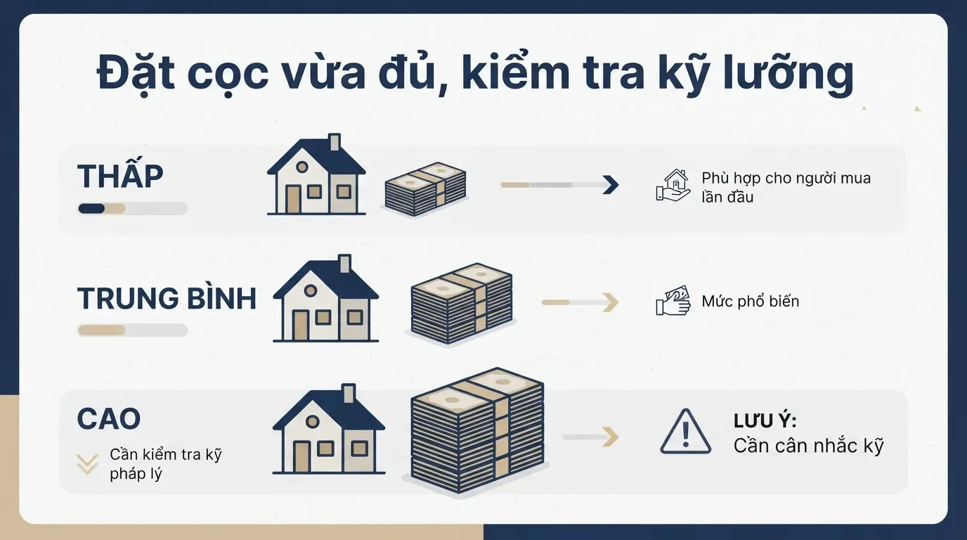 Mức cọc nên phù hợp với độ rõ ràng của pháp lý và thời gian cần để hoàn tất giao dịch. Số tiền đặt cọc mua nhà nên hợp lý và an toàn