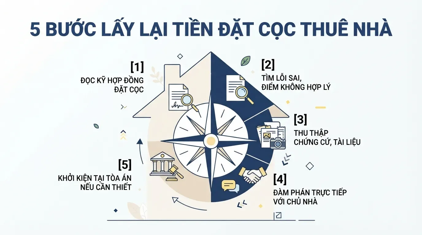 Người mua nên xử lý theo từng bước, ưu tiên chứng cứ và thương lượng trước khi kiện tụng. Quy trình lấy lại tiền đặt cọc mua nhà.