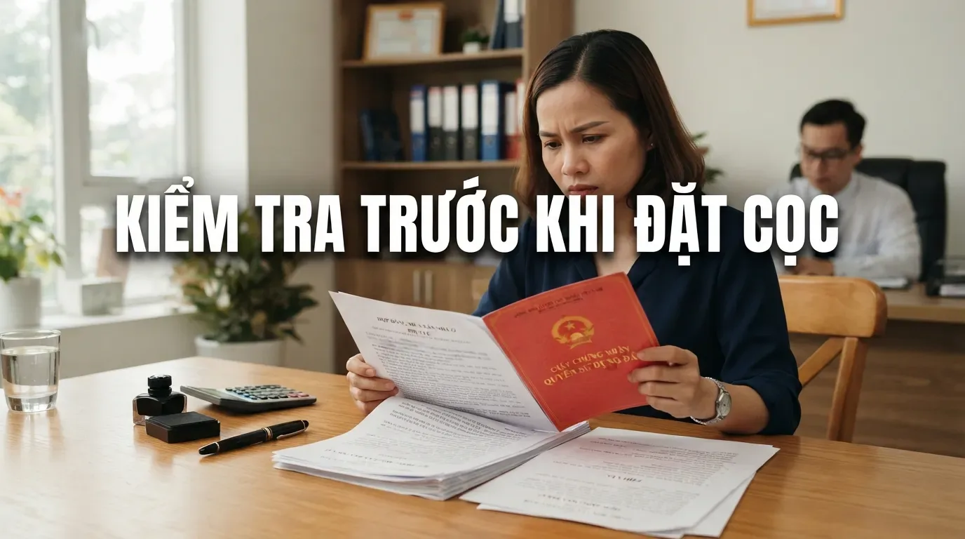 Trước khi đặt cọc, hãy kiểm tra đủ người có quyền ký và khả năng công chứng giao dịch. Người mua kiểm tra hồ sơ pháp lý nhà sổ chung trước khi đặt cọc.