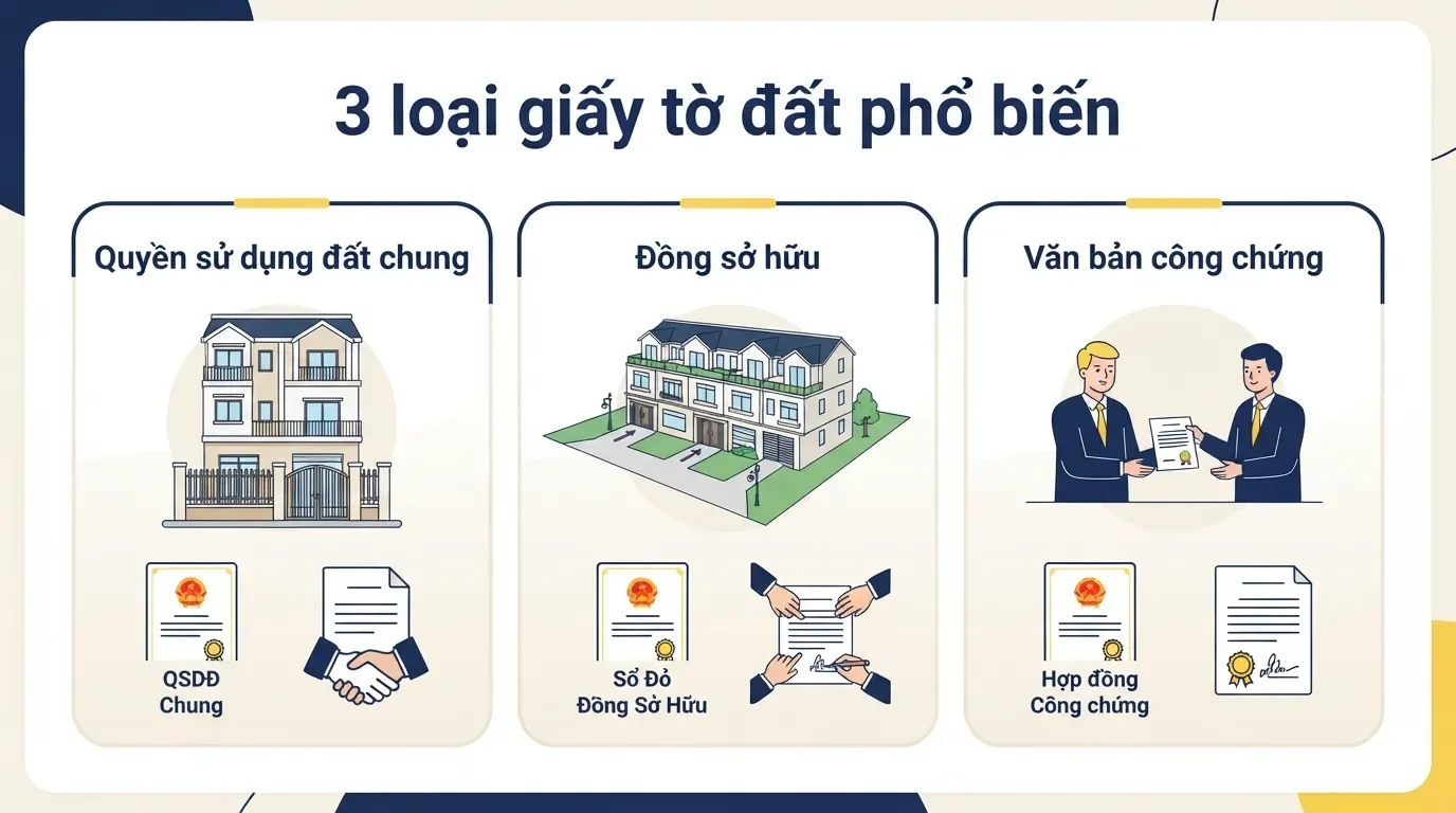 Không phải mọi trường hợp sổ chung đều giống nhau, người mua cần phân biệt đúng trước khi đánh giá rủi ro. Ba dạng nhà sổ chung phổ biến khi mua nhà.