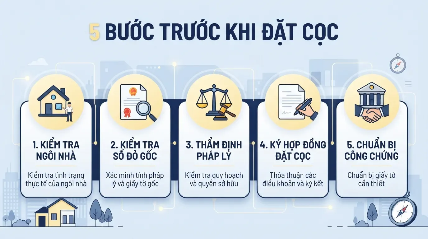 Một quy trình rõ ràng giúp người mua hạn chế quyết định vội vàng. Quy trình đặt cọc mua nhà gồm kiểm tra pháp lý và ký giấy cọc