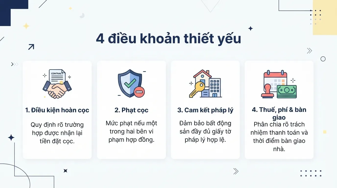 Những điều khoản này giúp người mua hạn chế rủi ro khi giao tiền cọc. Điều khoản cần có trong giấy đặt cọc mua nhà.