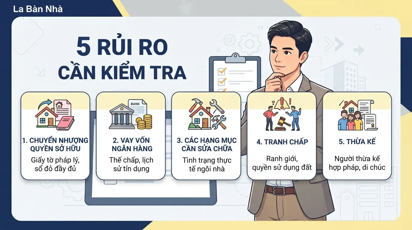 Người mua nên nhìn rủi ro theo cả hành trình ở, bán lại và xử lý pháp lý về sau. 5 rủi ro khi mua nhà sổ chung người mua cần biết.