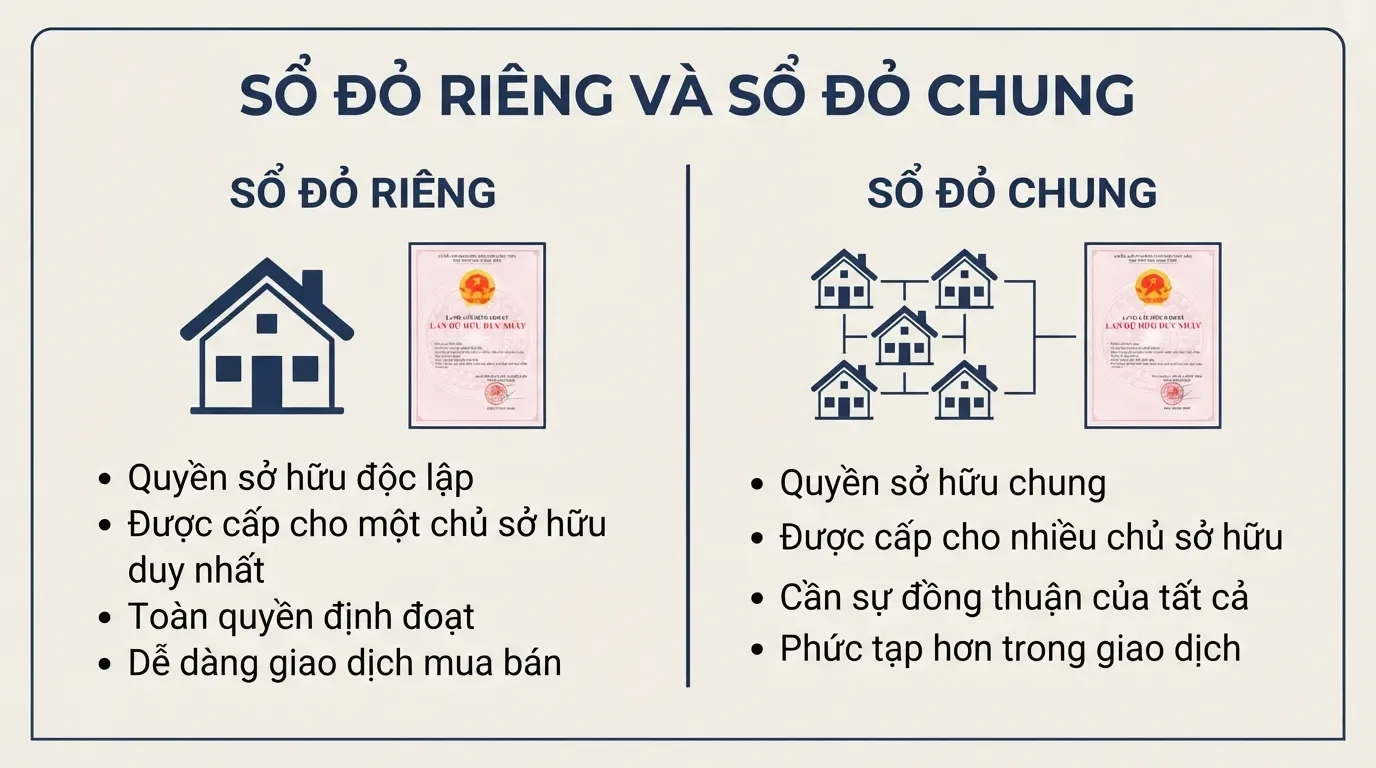 Sự khác biệt lớn nhất nằm ở mức độ độc lập khi giao dịch, vay ngân hàng và bán lại. So sánh sổ riêng và sổ chung khi mua nhà
