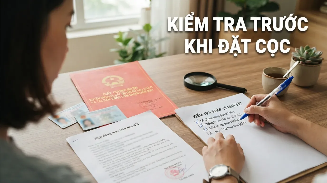 Người mua nên xem giấy tờ gốc và đối chiếu thông tin trước khi chuyển tiền. Kiểm tra sổ hồng trước khi đặt cọc mua nhà.