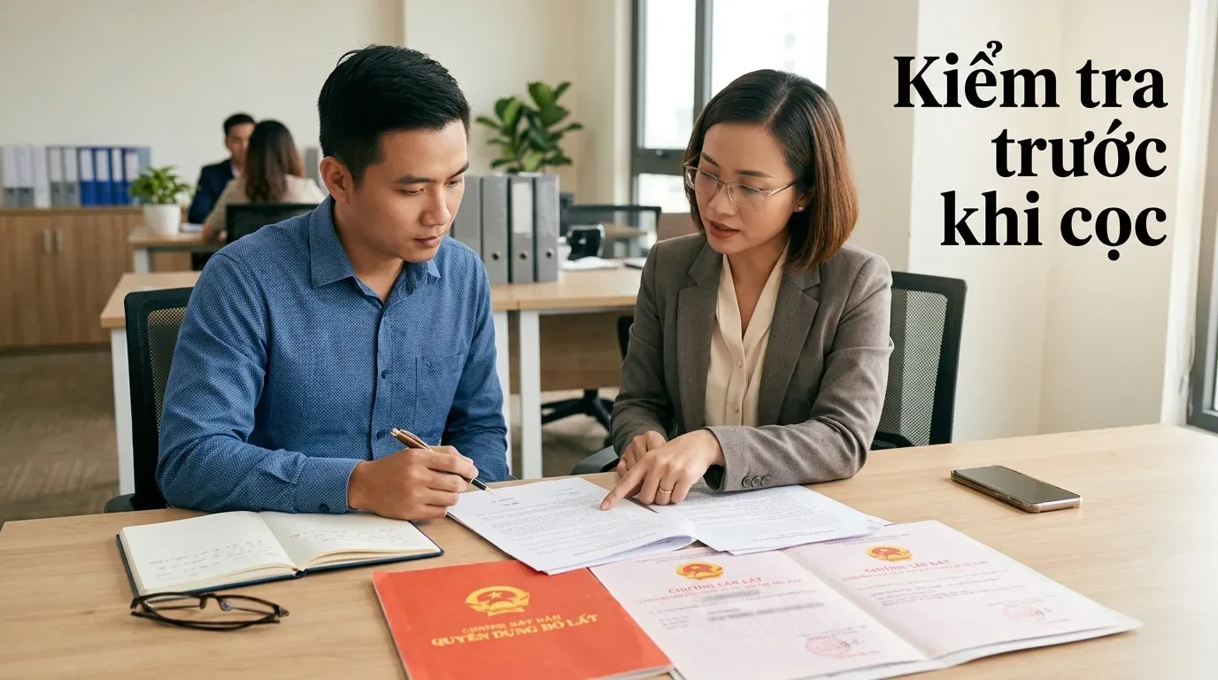 Trước khi đặt cọc, người mua nên kiểm tra giấy tờ và khả năng sang tên. Kiểm tra sổ hồng riêng trước khi mua nhà
