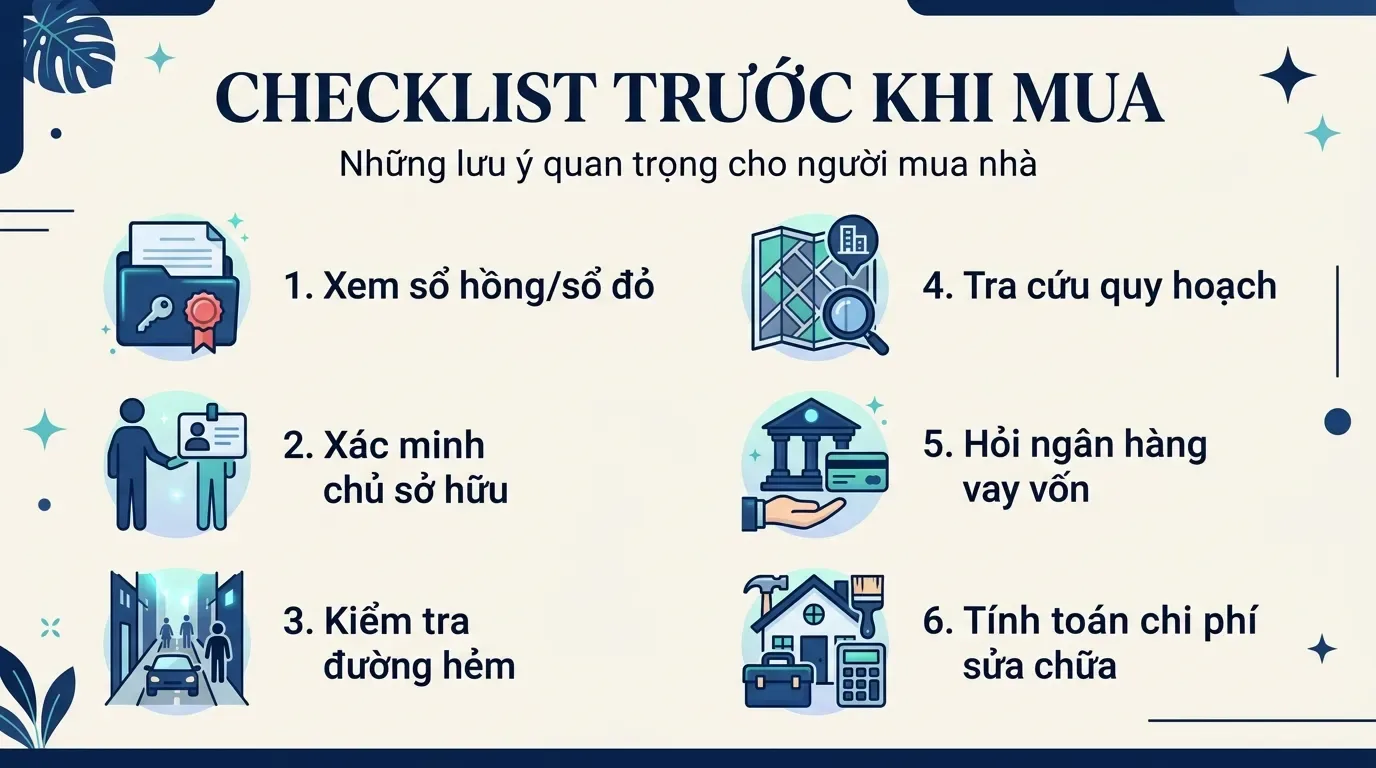 Một checklist ngắn giúp người mua tránh quyết định vội khi gặp nhà giá rẻ. Checklist mua nhà sổ hồng riêng dưới 2 tỷ