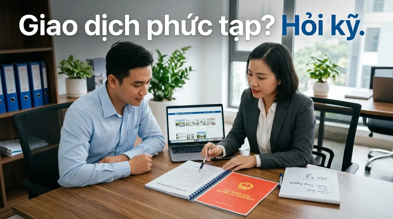 Người mua hỏi chuyên viên trước khi ký hợp đồng nhà đất.