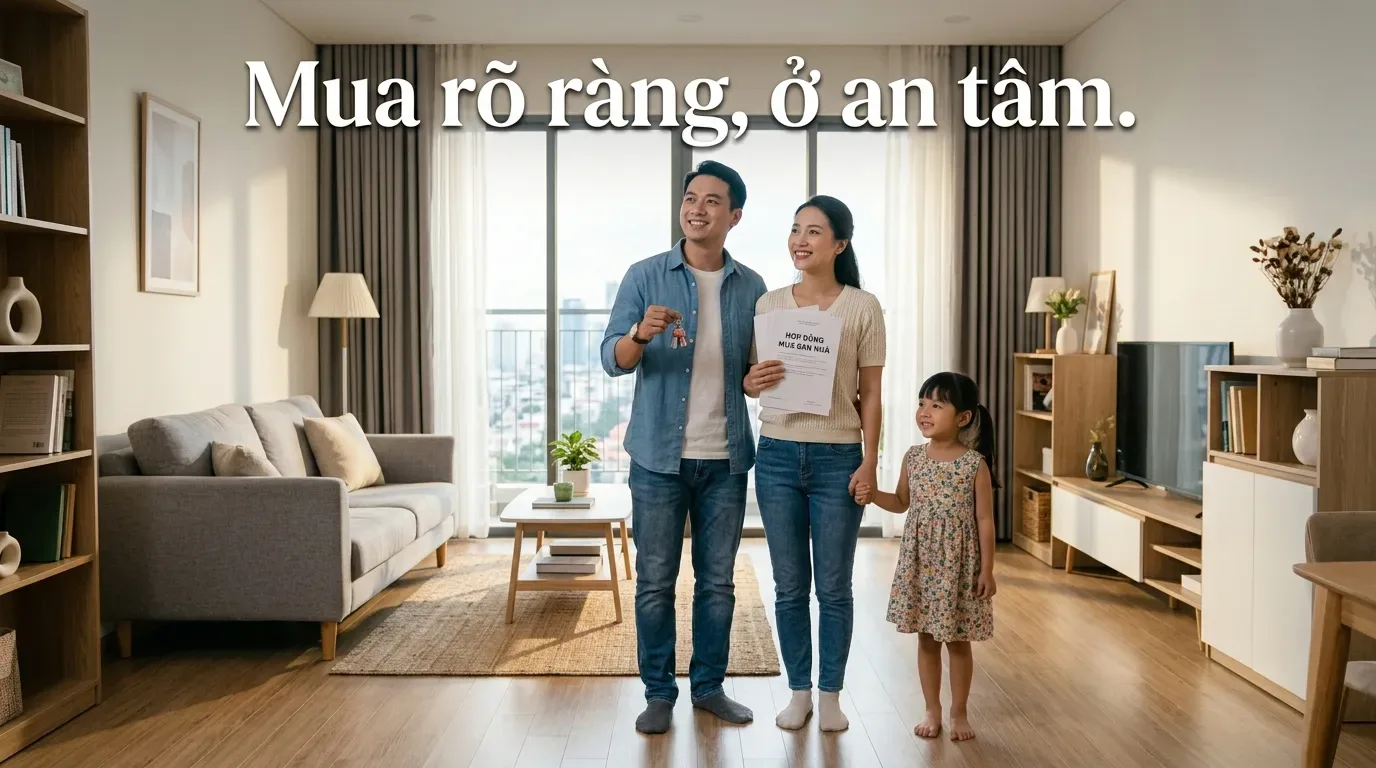 Gia đình trẻ nhận căn hộ sau khi kiểm tra pháp lý.