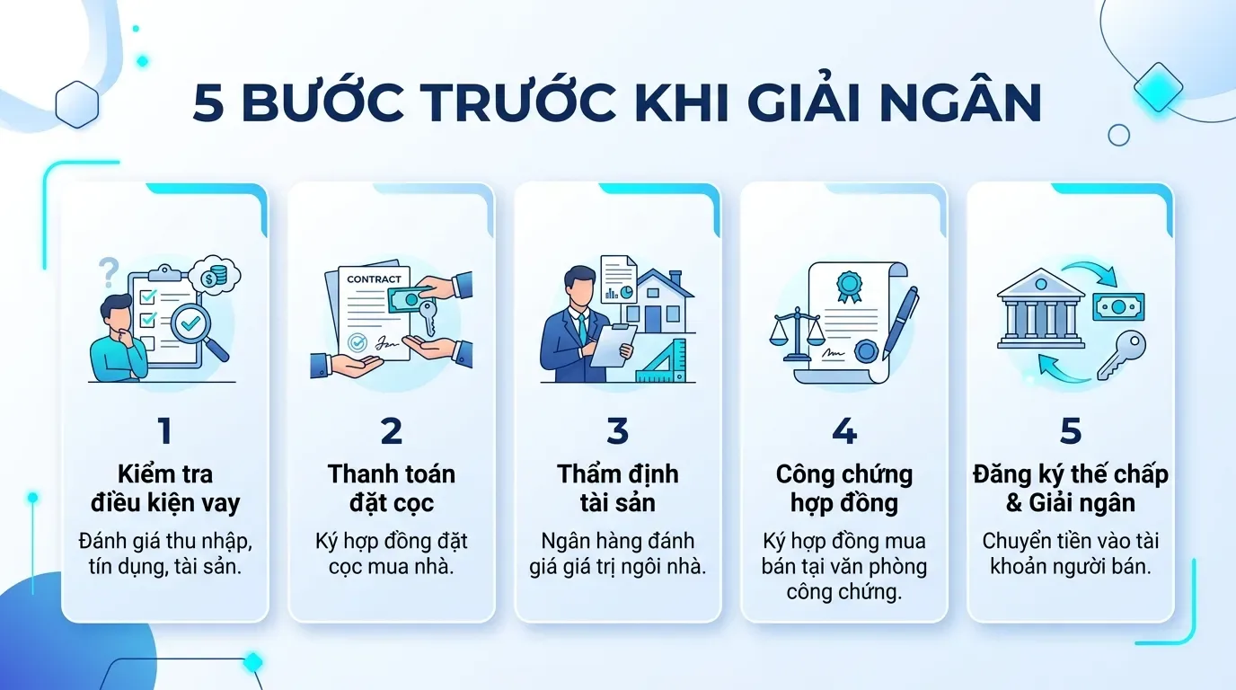 Quy trình mua nhà vay ngân hàng từ đặt cọc đến giải ngân.