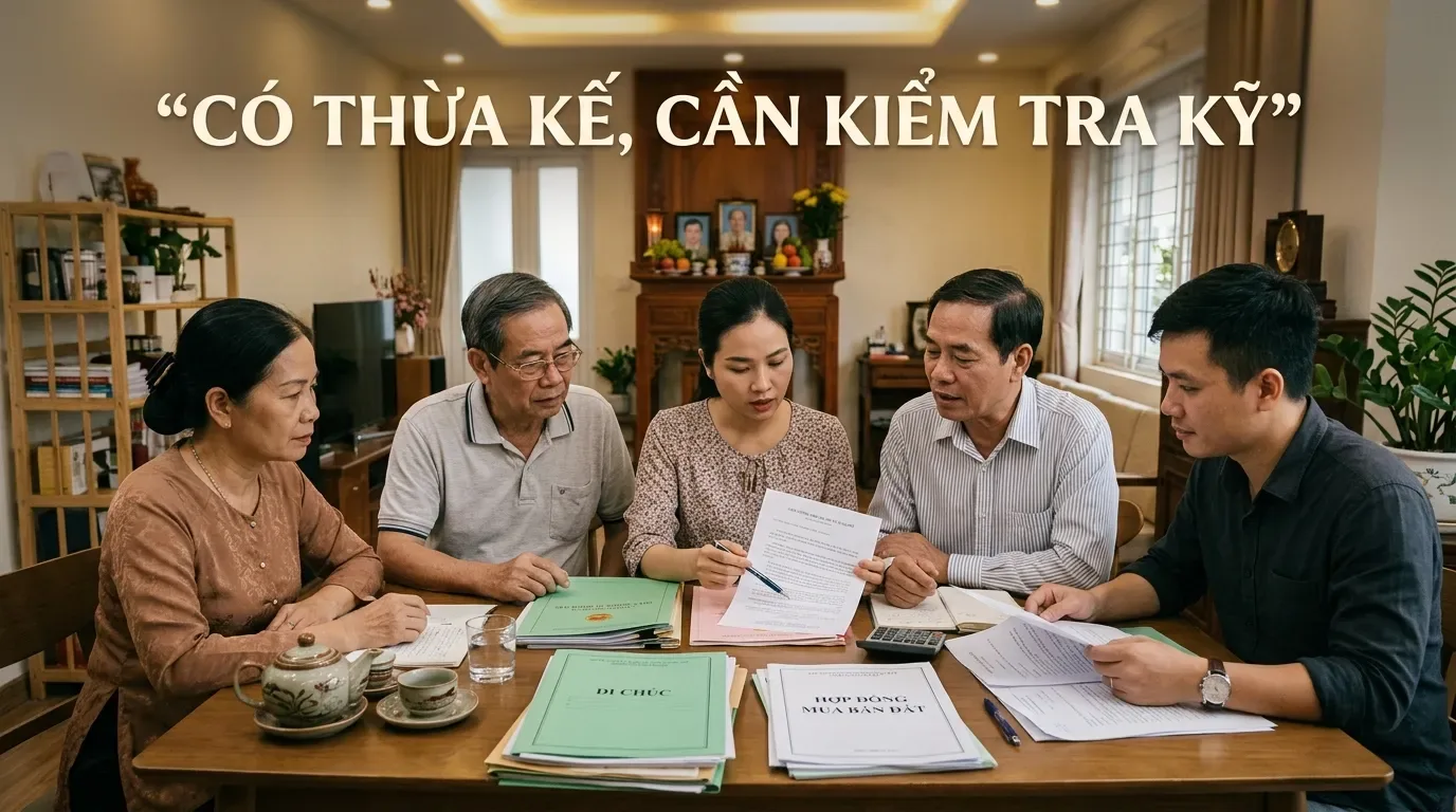 Gia đình kiểm tra hồ sơ thừa kế nhà đất.