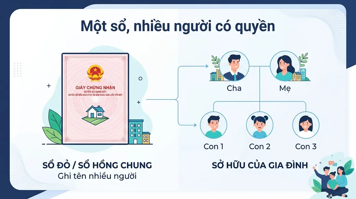 Minh họa sổ đỏ hộ gia đình có nhiều người có quyền sử dụng đất.