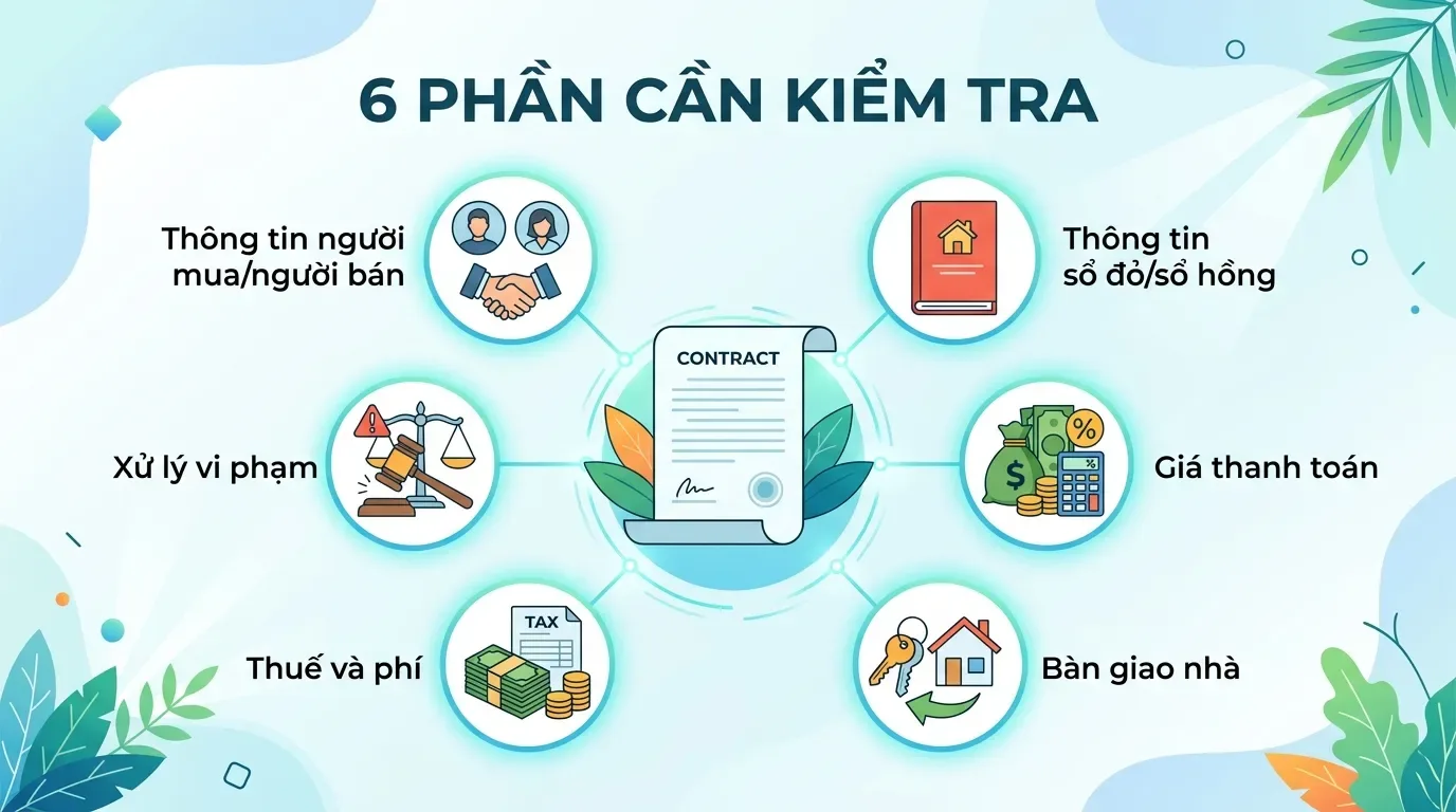 Các phần cần kiểm tra trong hợp đồng mua bán nhà đất.