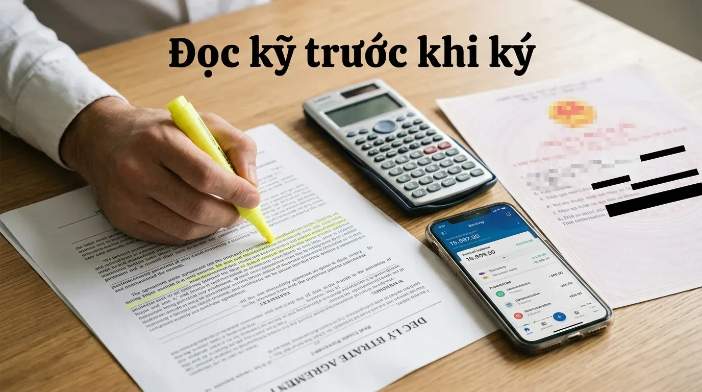 Người mua kiểm tra điều khoản hợp đồng mua bán nhà có vay ngân hàng.