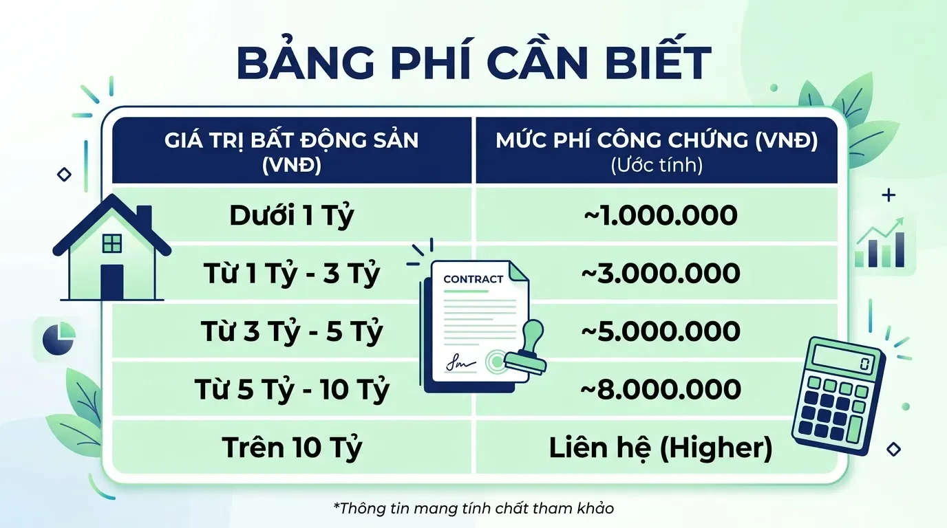 Bảng phí công chứng mua bán nhà đất theo giá trị hợp đồng.
