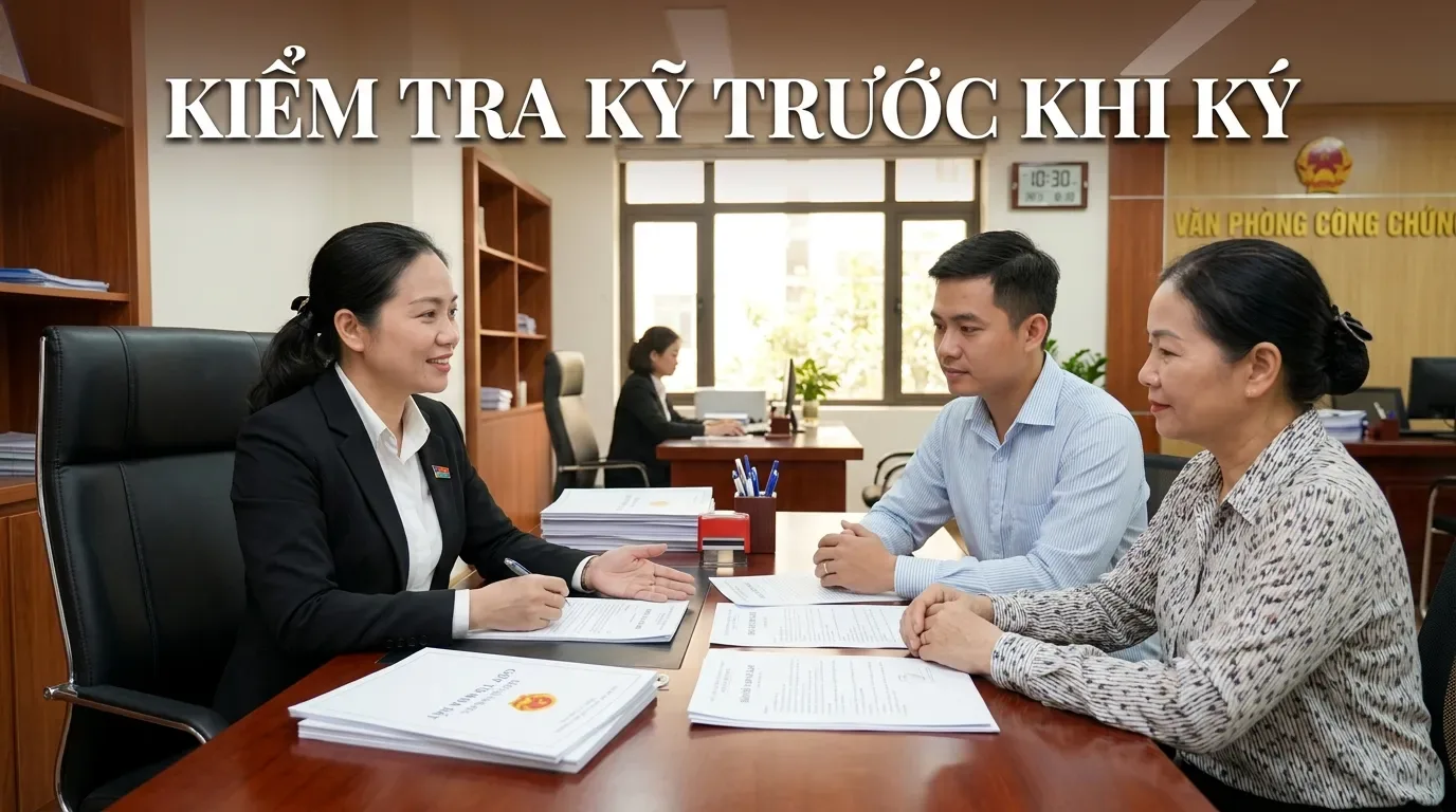 Công chứng viên kiểm tra hồ sơ mua bán nhà đất.