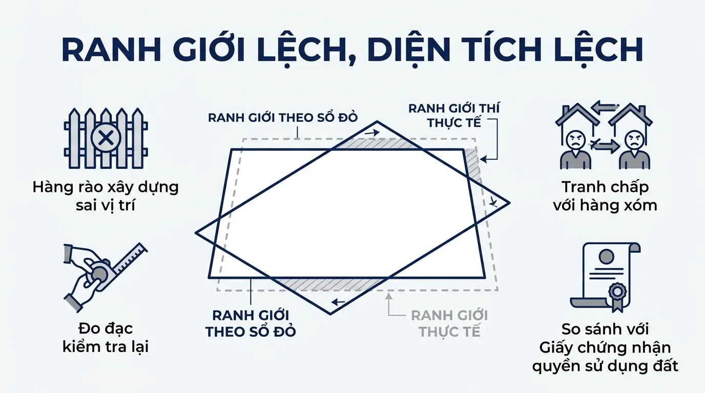 Minh họa diện tích đất sai với sổ đỏ do lệch ranh giới.