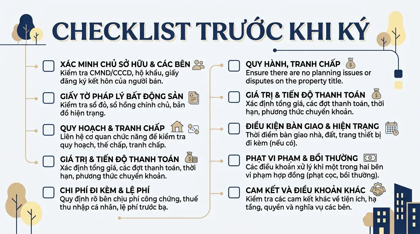 Checklist kiểm tra hợp đồng mua bán nhà đất trước khi ký.