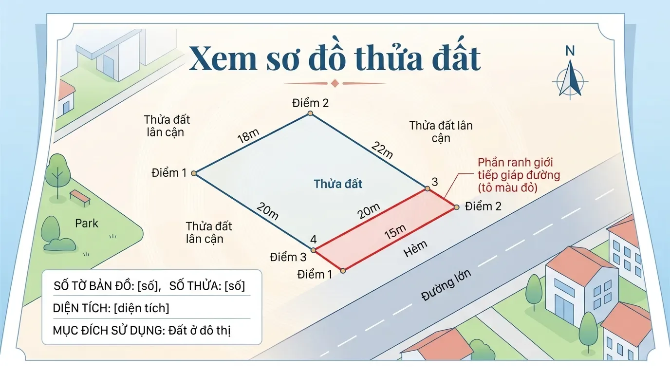 Sơ đồ thửa đất trên sổ hồng và phần lộ giới cần kiểm tra