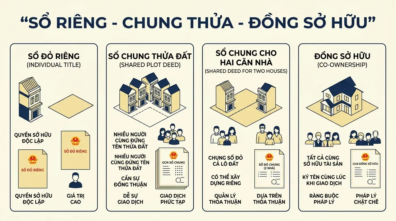 Infographic phân biệt sổ riêng sổ chung chung thửa và đồng sở hữu.