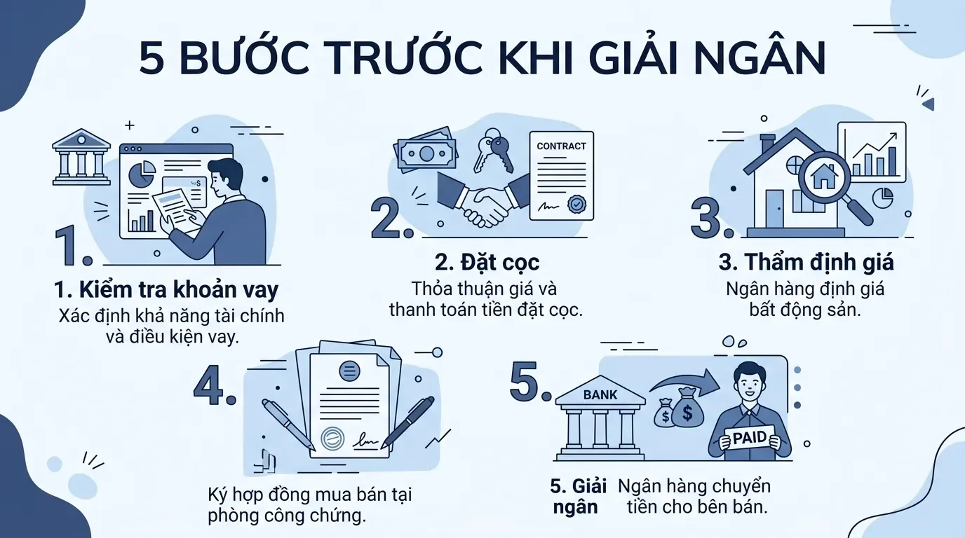 Quy trình hợp đồng mua bán nhà 3 bên và giải ngân ngân hàng.