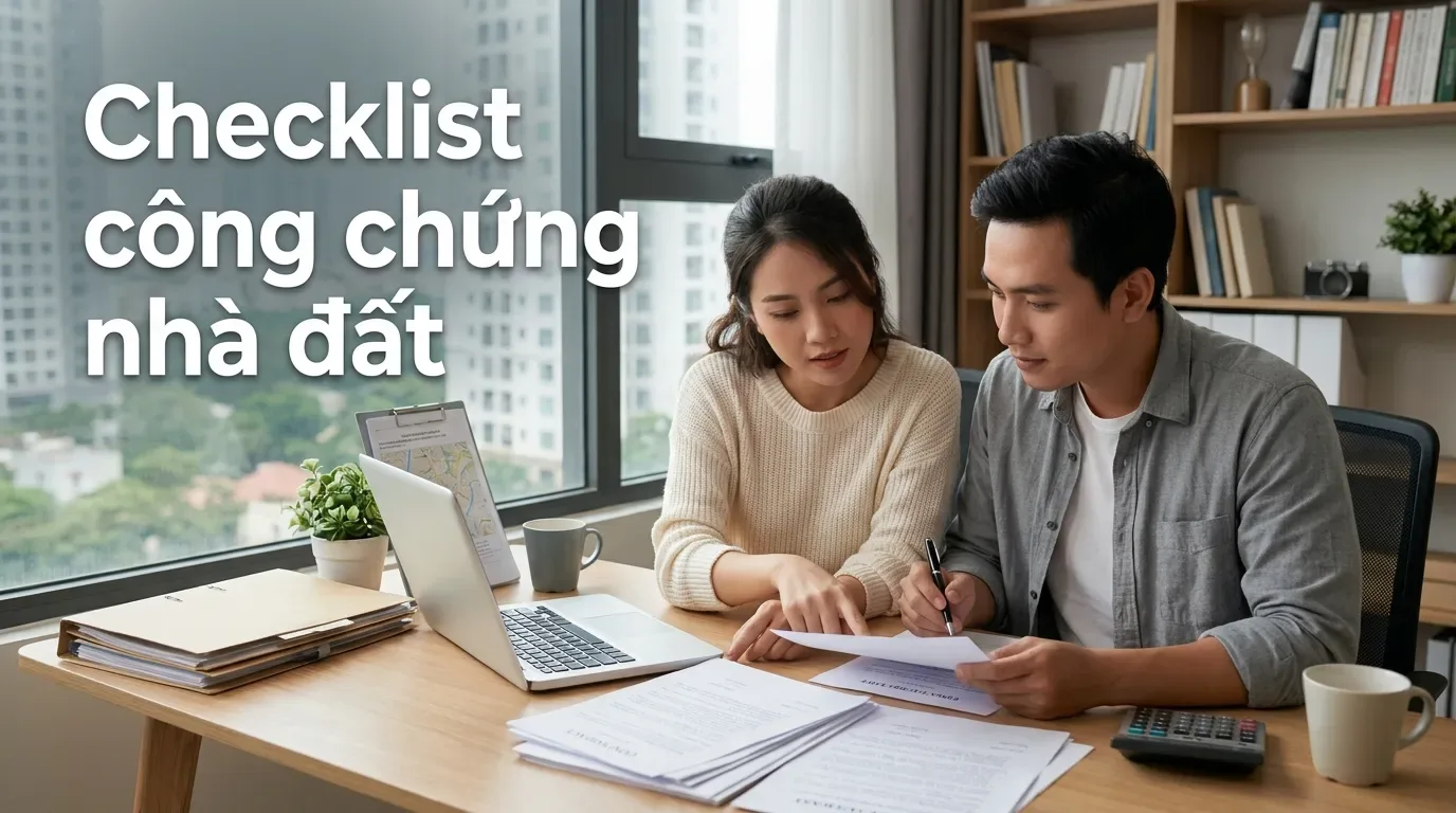 Hồ sơ công chứng mua bán nhà đất trên bàn làm việc.
