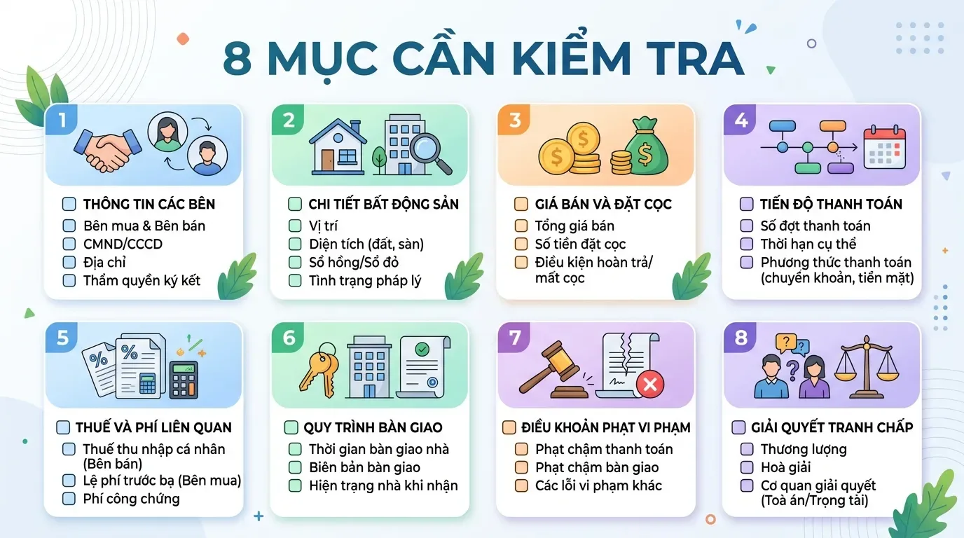 Checklist nội dung hợp đồng mua bán nhà đất.