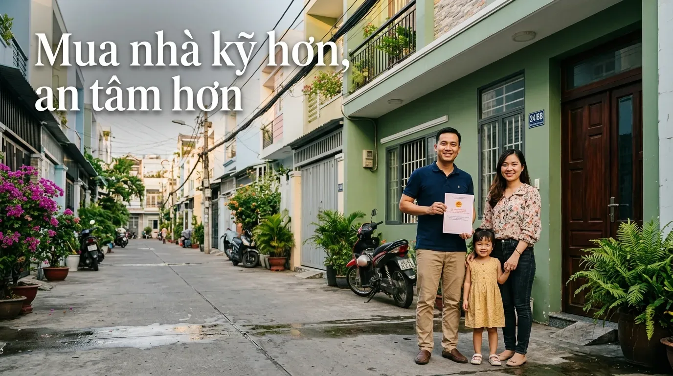 Gia đình trẻ mua nhà sau khi kiểm tra pháp lý sổ hồng.