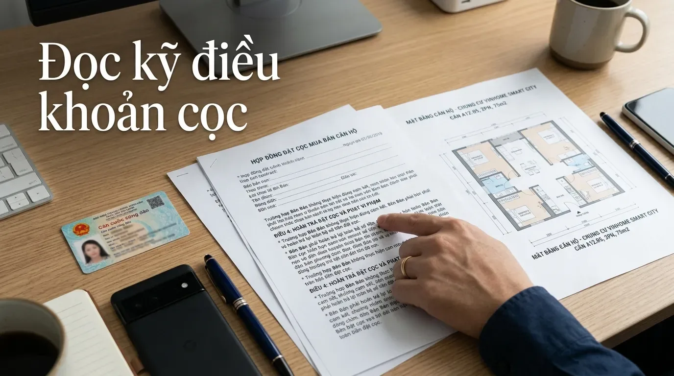 Giấy đặt cọc mua nhà chung cư với điều khoản hoàn cọc.