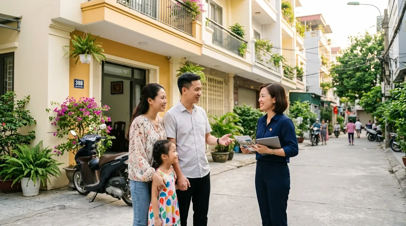 Gia đình trẻ tìm hiểu nhà phố trước khi mua.