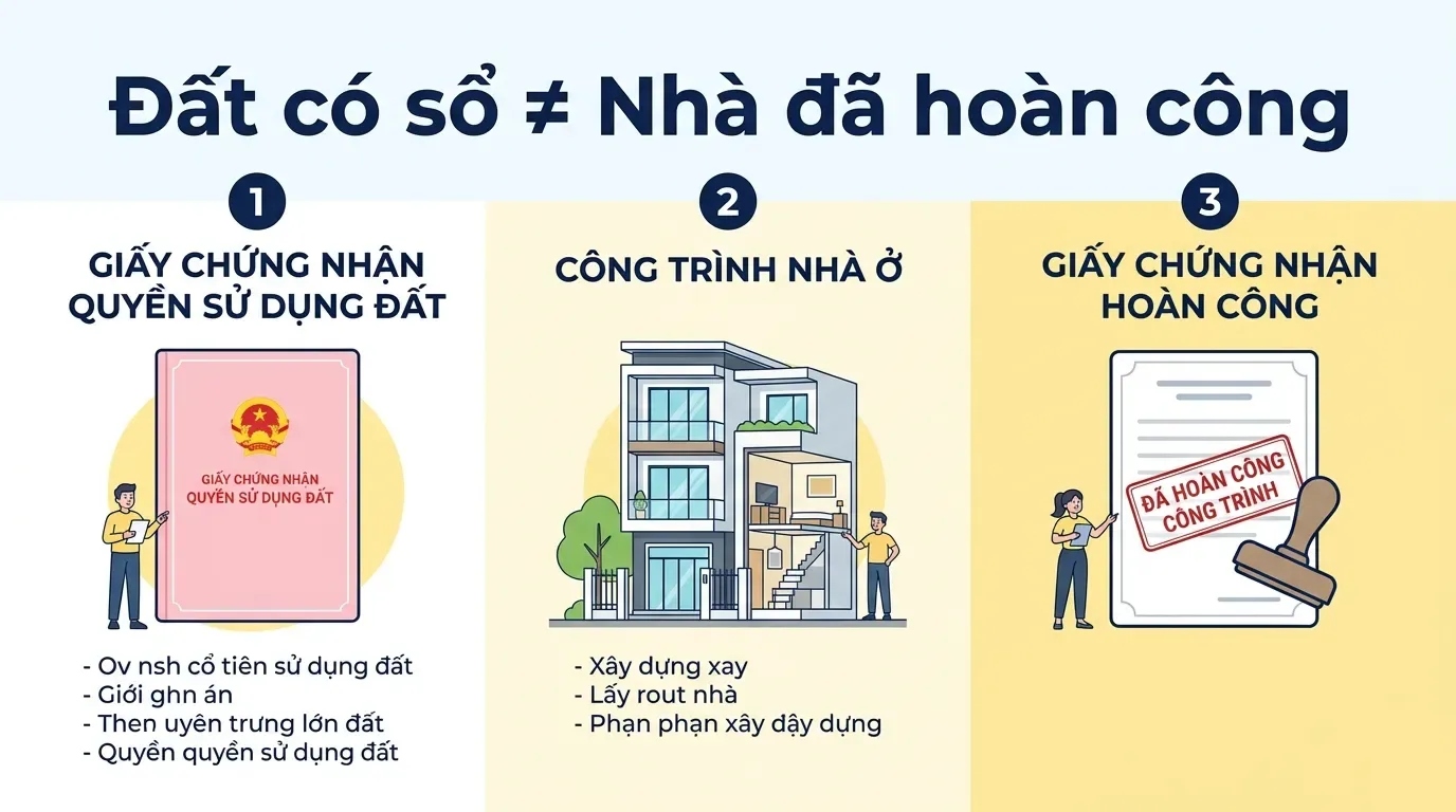 Phân biệt đất có sổ và nhà chưa hoàn công.