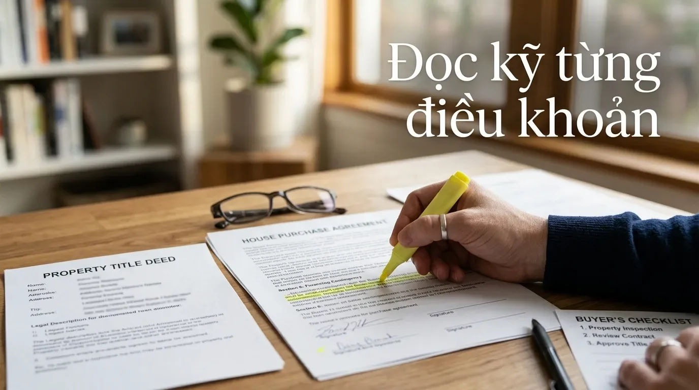 Người mua kiểm tra nội dung hợp đồng mua bán nhà đất.