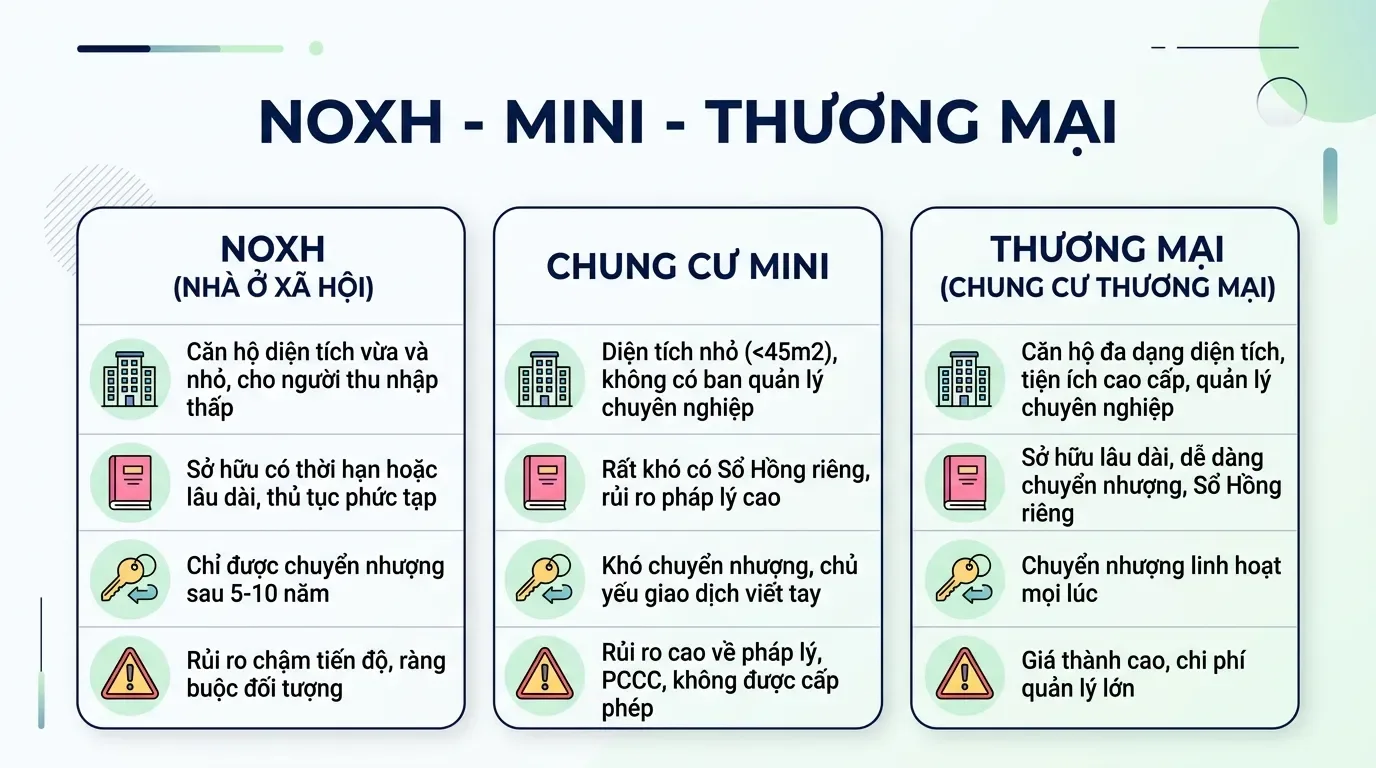So sánh sổ hồng NOXH chung cư mini thương mại